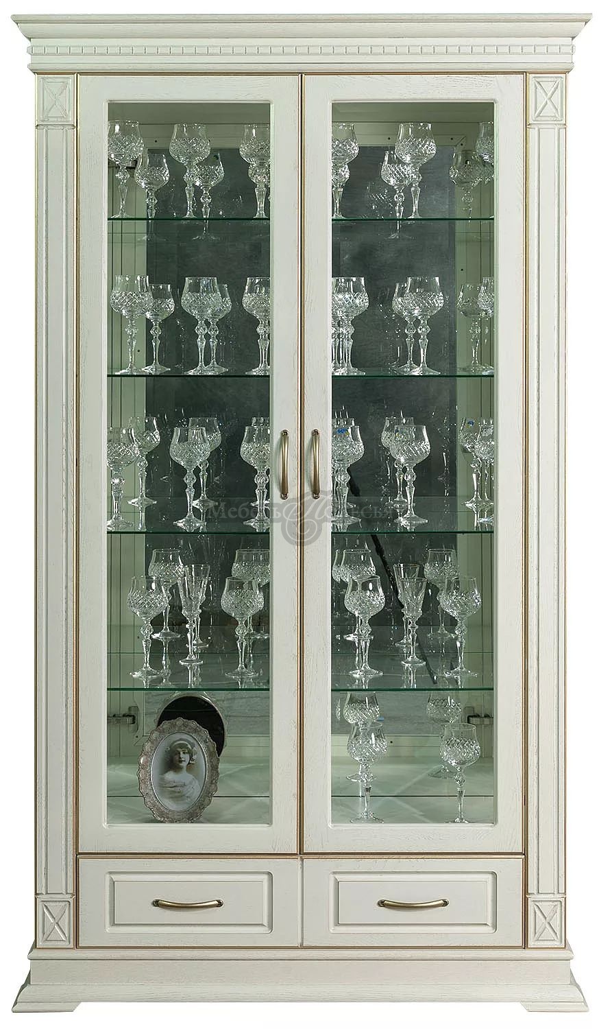 Шкаф с витриной Верди Люкс 2з П1.487.0.21 (П487.21з) слоновая кость с золочением
