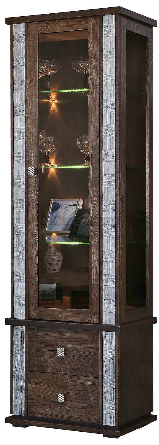 Шкаф с витриной Тунис П343.19-1Ш венге с серебром