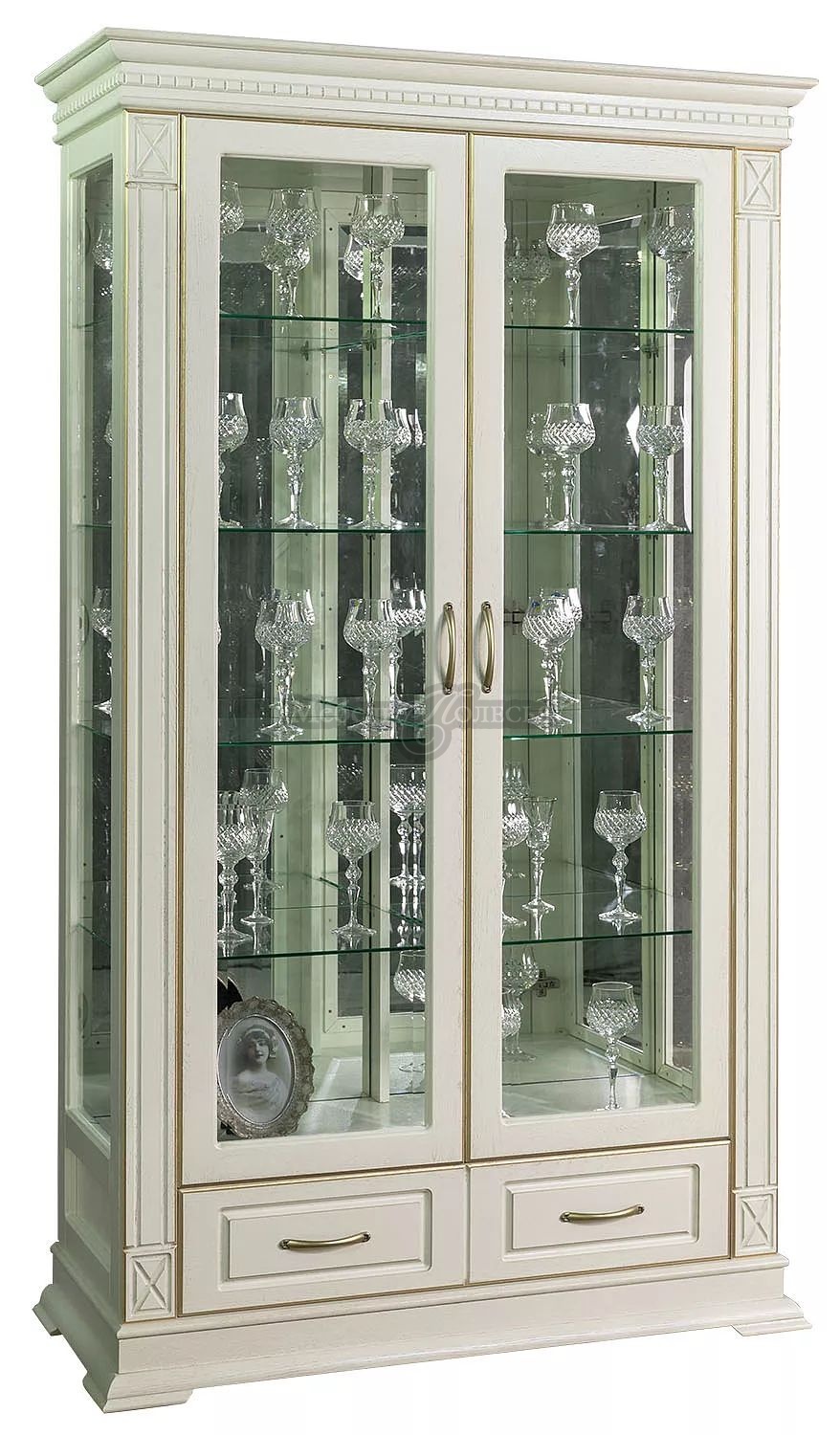Шкаф с витриной Верди Люкс 2з П1.487.0.21 (П487.21з) слоновая кость с золочением. Фото �3