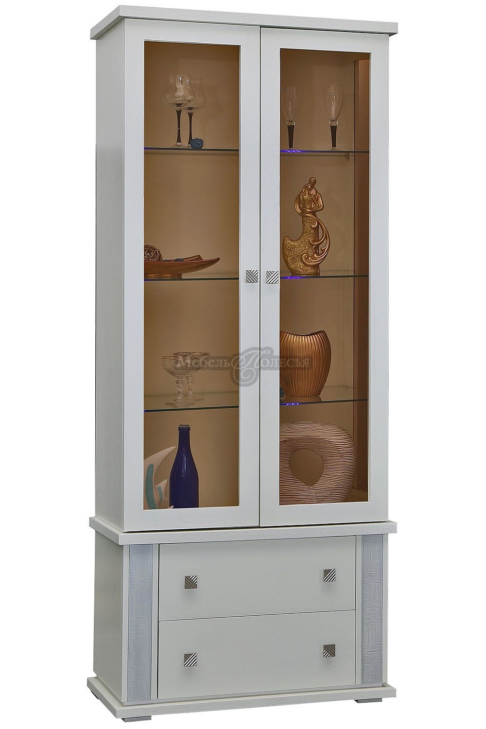 Шкаф с витриной Тунис П343.22Ш слоновая кость с серебром